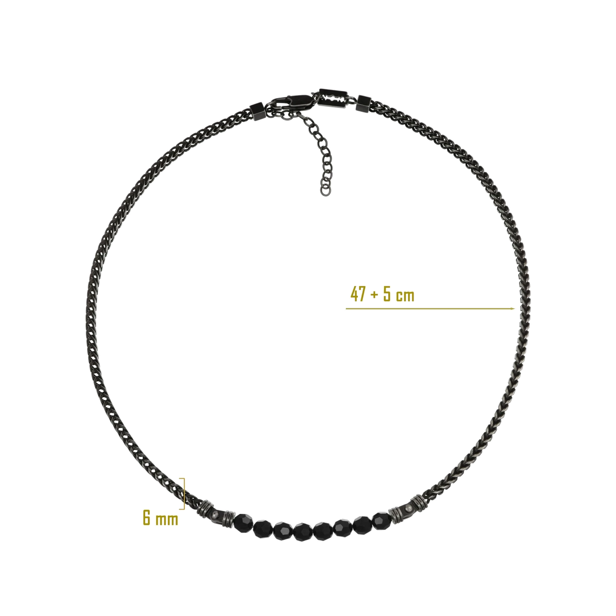 Bruttall CORE measures necklace featuring antique black chain links and faceted black Swarovski crystals.