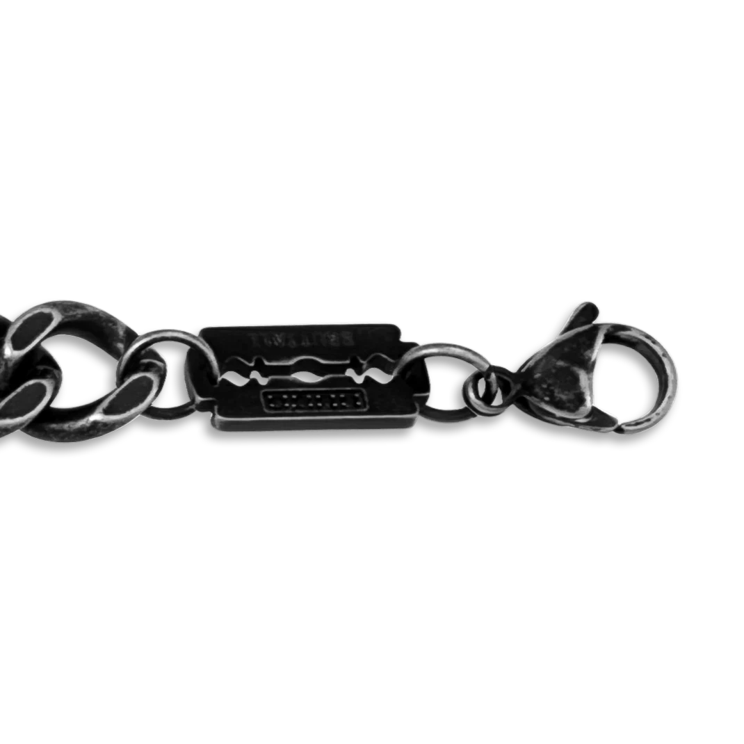 Bruttall RAW cross bracelet in antique plated metal with Swarovski Zirconia and a textured chain link design.