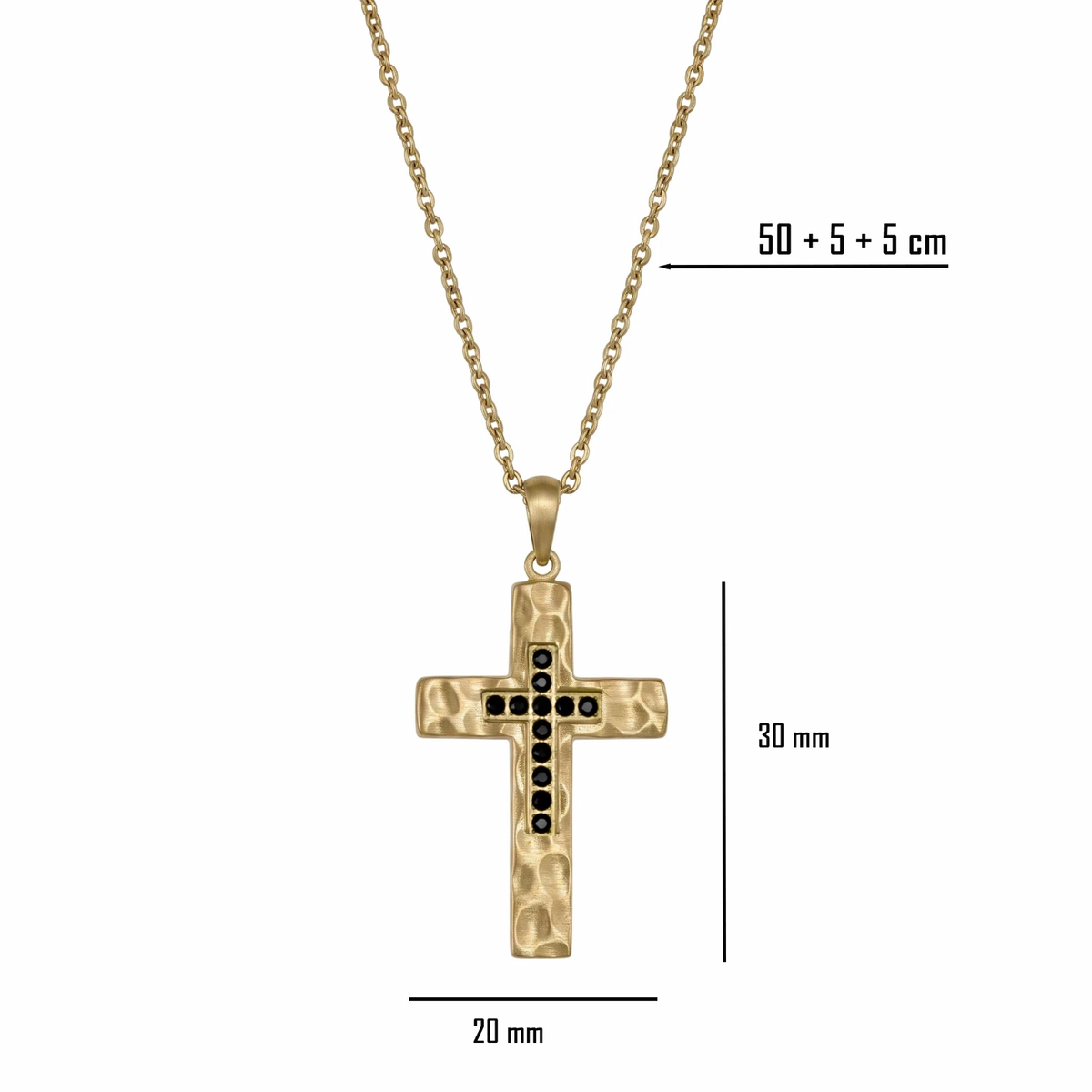 Bruttall gold matt cross pendant necklace with textured stone-like finish and black Swarovski Zirconia accents