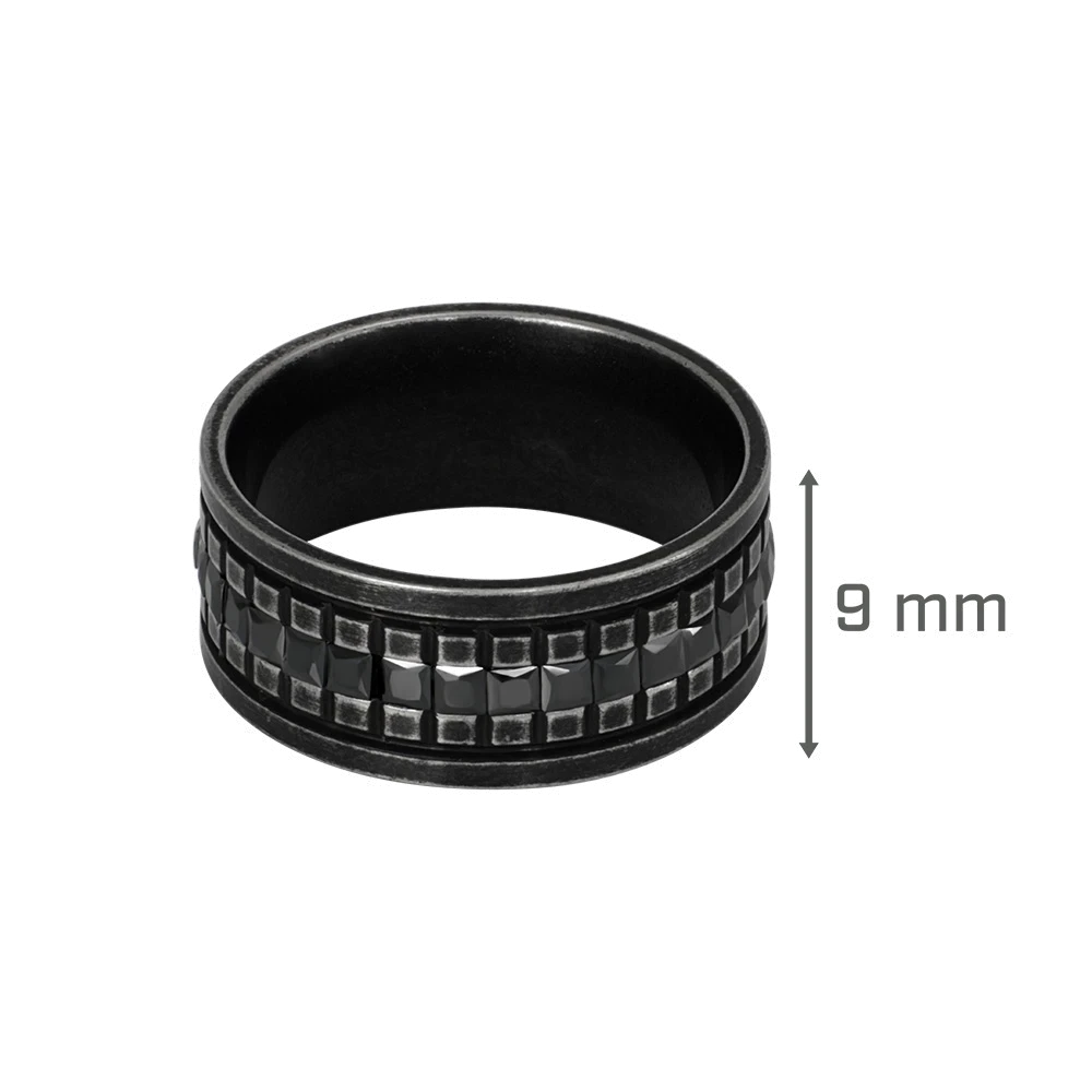 Bruttall GATE ring in antique black featuring a textured band with embedded black Swarovski crystals