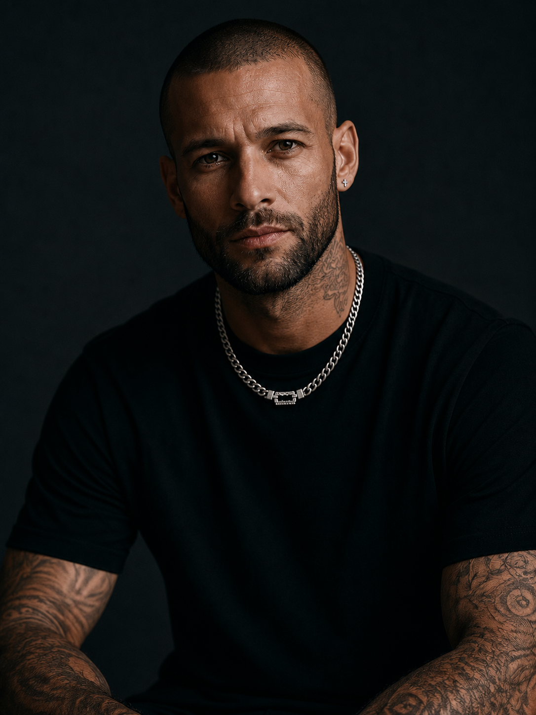 Ein Mann mit rasiertem Kopf, Bart, Tattoos und Ohrringen trägt ein schwarzes Shirt und eine silberne Halskette mit Swarovski-Zirkonia und posiert vor einem dunklen Hintergrund – die Verkörperung des Stils von Bruttall Herrenschmuck.