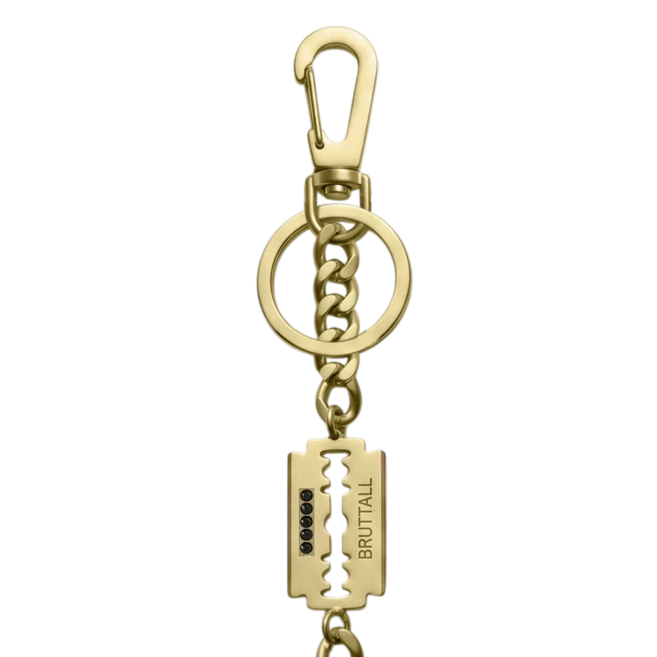 Bruttall AXIS wallet chain in matte gold featuring a sturdy curb chain, dual clasps, and a razor blade charm.