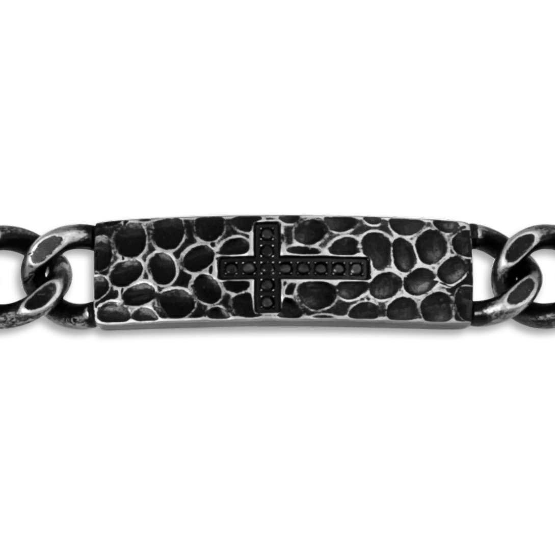 Bruttall RAW cross bracelet in antique plated metal with Swarovski Zirconia and a textured chain link design.