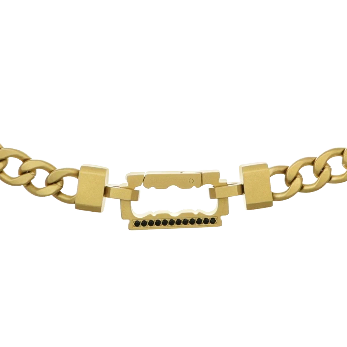 Bruttall AXIS gold-plated chain featuring a geometric razor blade clasp with black Swarovski Zirconia accents.