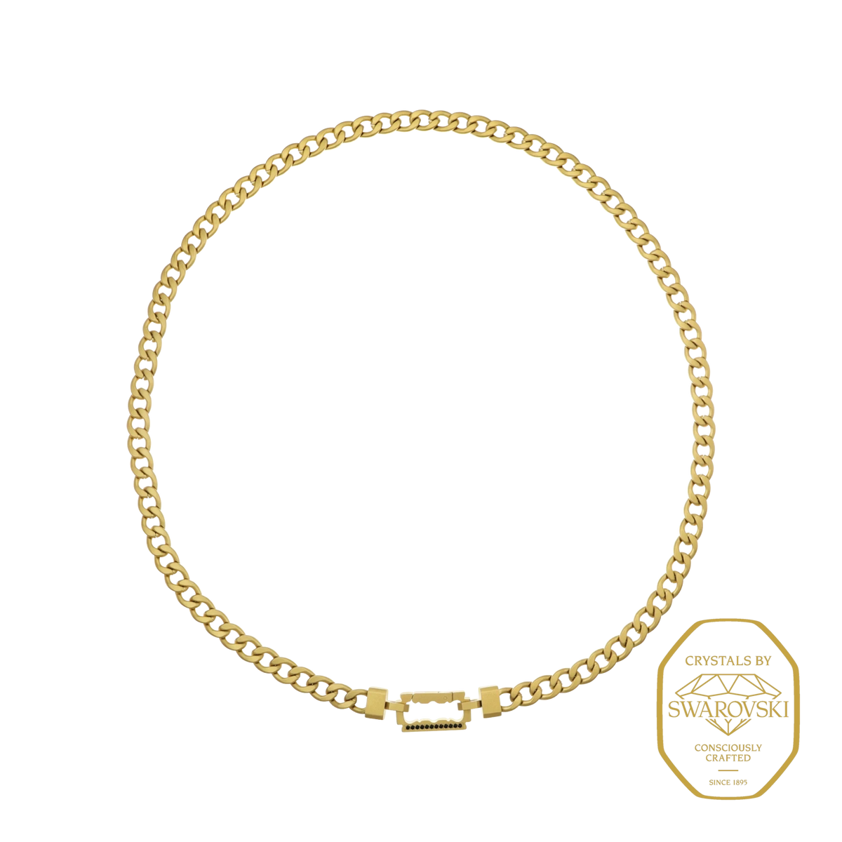 Bruttall AXIS matte gold chain necklace with a razor blade clasp and black Swarovski Zirconia accents.