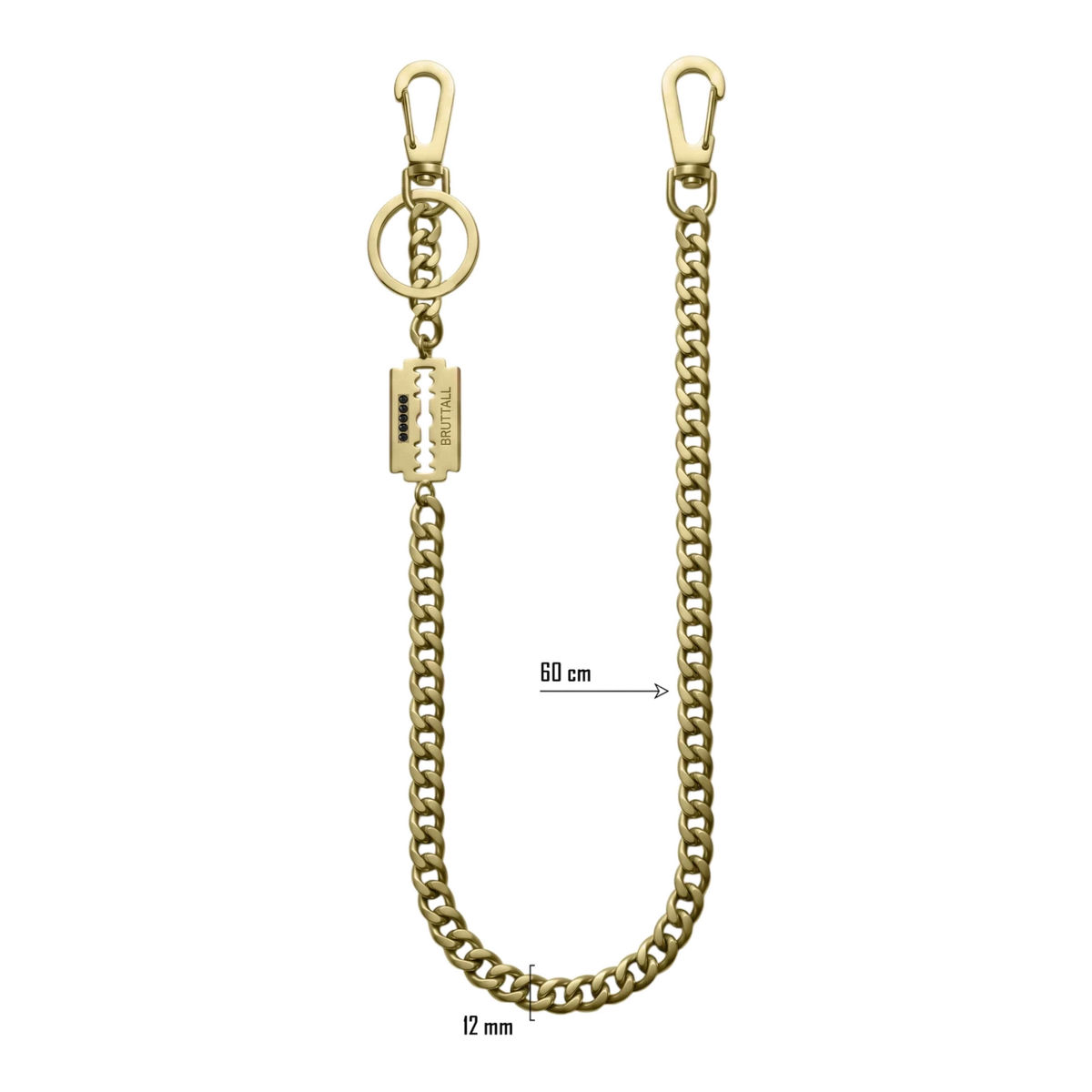 Bruttall AXIS wallet chain in matte gold featuring a heavy curb chain, razor blade charm, and Swarovski Zirconia.