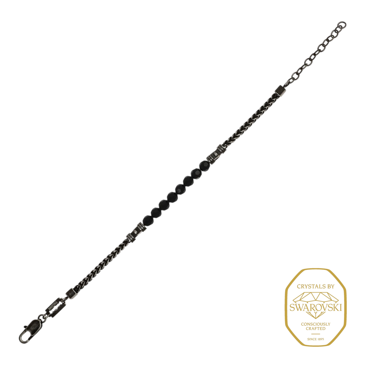 Bruttall CORE bracelet featuring a dark chain, faceted black Swarovski crystals, and a secure lobster clasp.