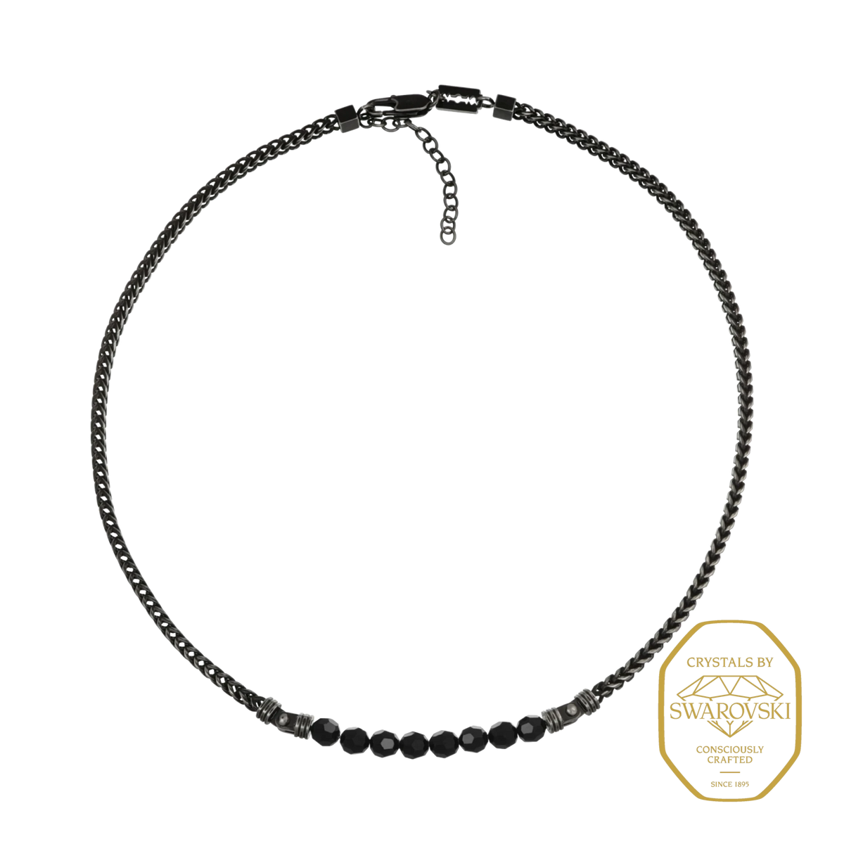 Bruttall CORE necklace featuring a dark chain with faceted black Swarovski crystals for a bold masculine look.