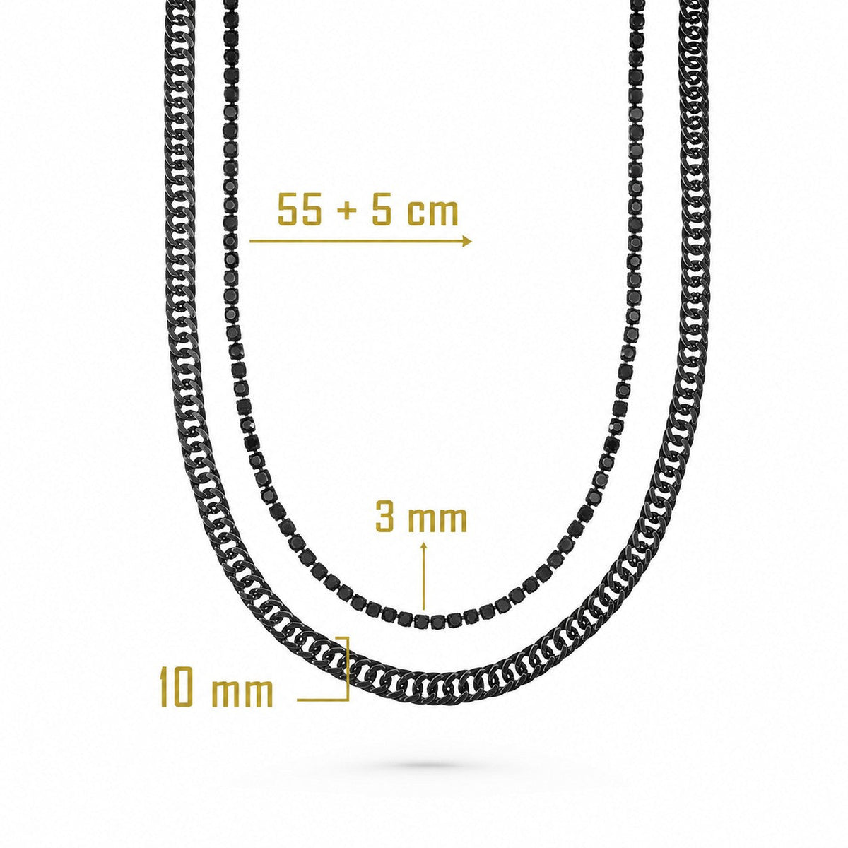 Bruttall GATE necklace set featuring a 10mm antique black Cuban chain and a 3mm Swarovski crystal tennis chain.
