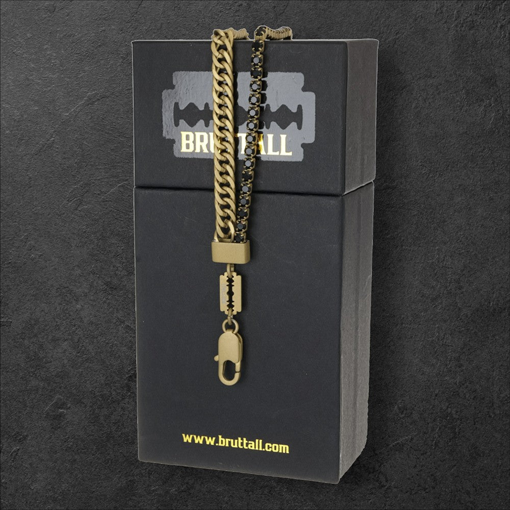 Bruttall GATE bracelet in matte gold plating with black Swarovski crystals and a unique razor blade charm detail.