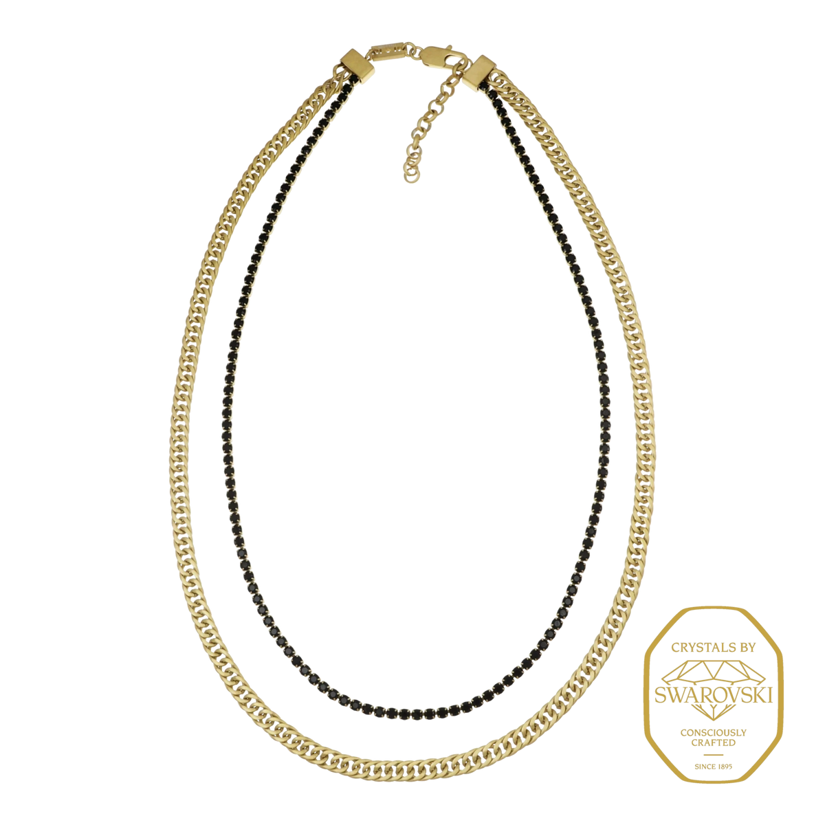 Bruttall GATE necklace featuring a matte gold Cuban chain layered with a delicate black Swarovski crystal strand.