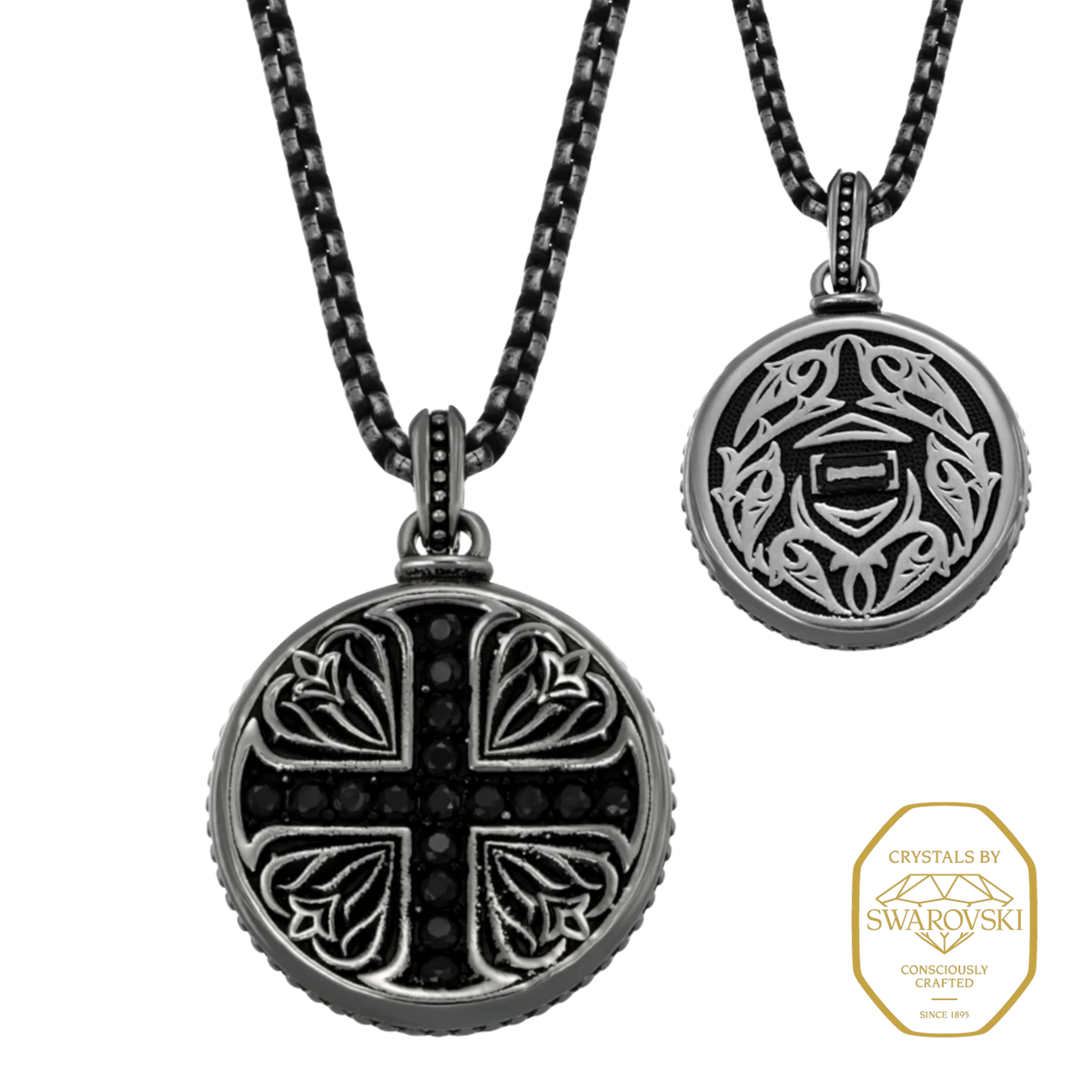 Bruttall gothic round pendant necklace in antique black with intricate filigree patterns and Swarovski Zirconia