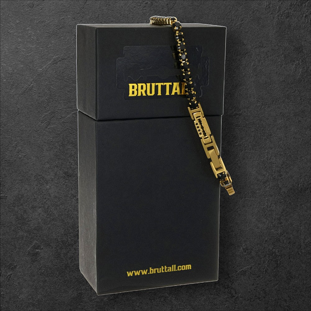 Bruttall GOTHIC bracelet in matte gold with black Swarovski crystals, featuring a unique razor blade design element.