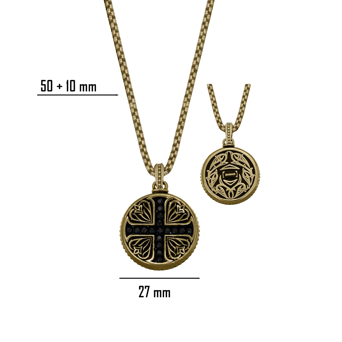 Bruttall GOTHIC necklace in matte gold featuring a round pendant with black Swarovski Zirconia and intricate details.