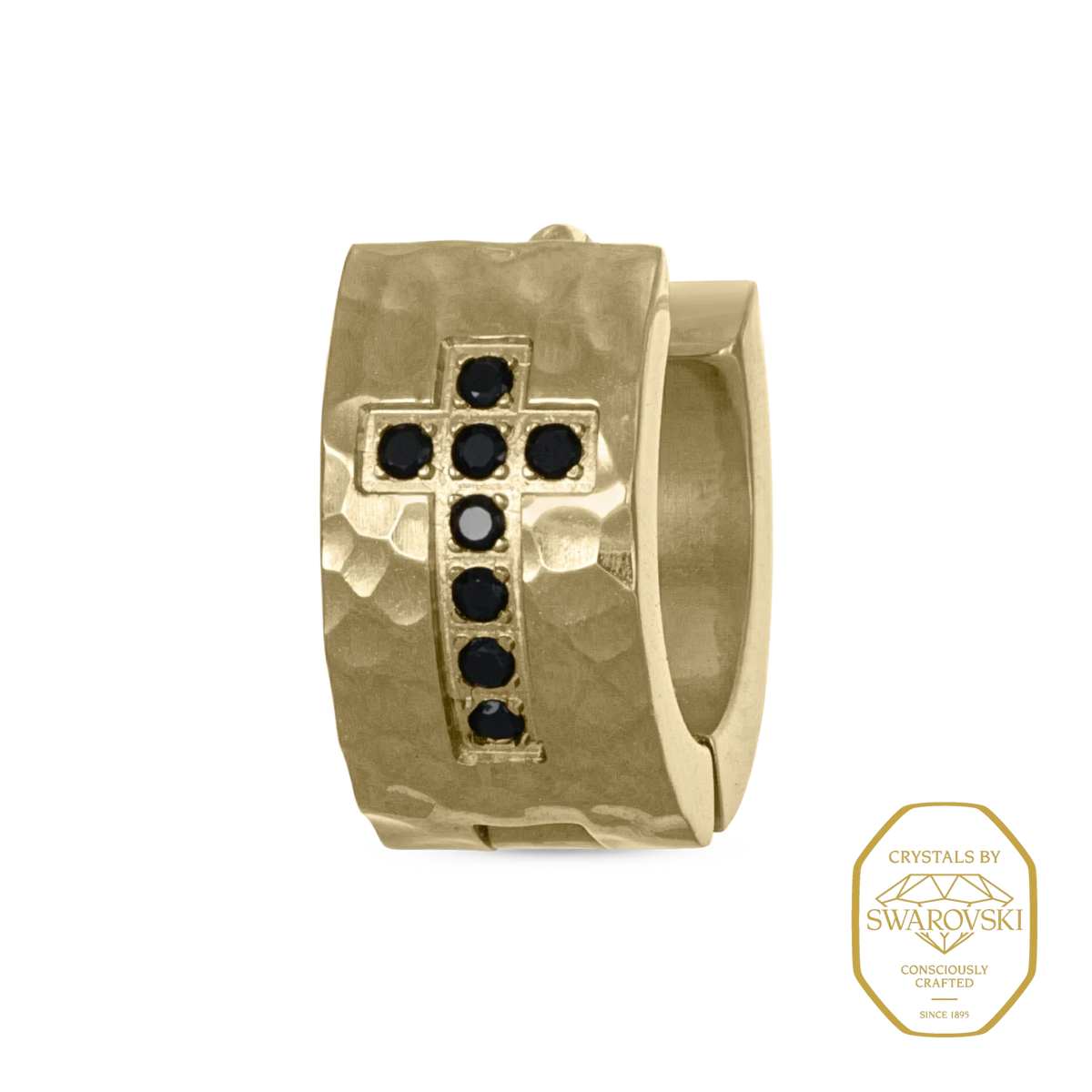 Bruttall single hoop earring in matte gold with a hammered texture and a black Swarovski Zirconia cross motif
