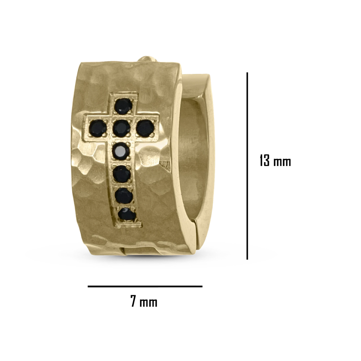 Bruttall matte gold hoop earring featuring a hammered texture and a black Swarovski Zirconia cross motif