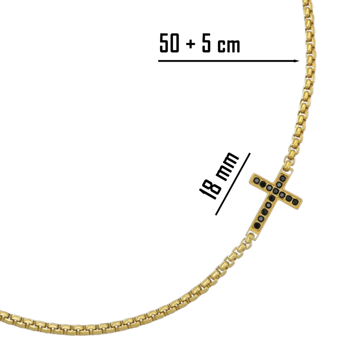 Bruttall matte gold box chain necklace with an 18mm cross pendant featuring dark Swarovski zirconia stones