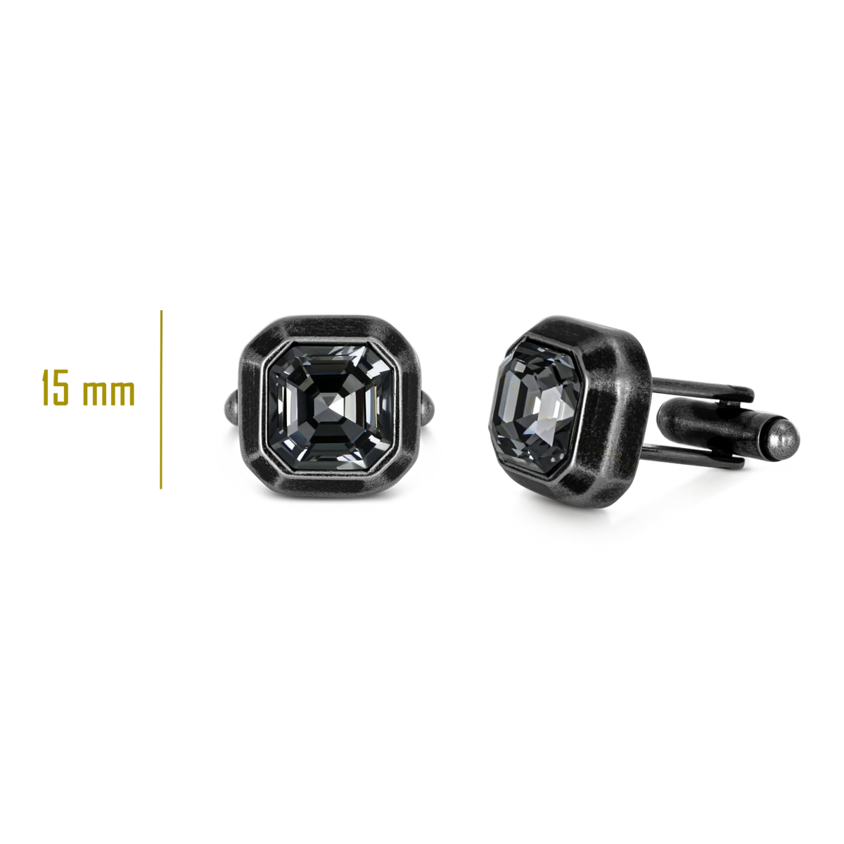 Bruttall OCTANT cuff links in antique black featuring geometric frames and sparkling Swarovski crystals.