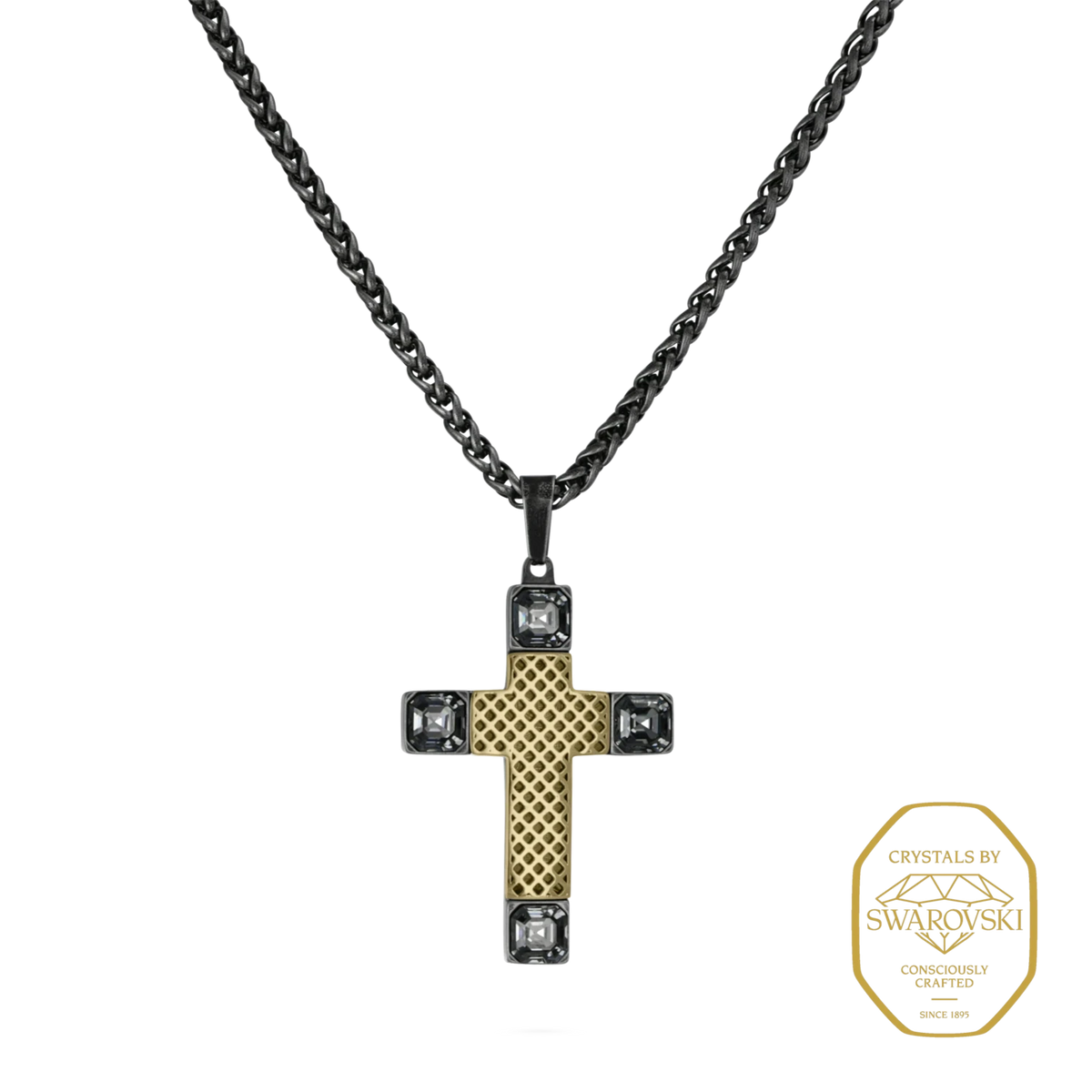 Bruttall OCTANT cross pendant necklace in antique black and gold with Swarovski crystals and grid texture
