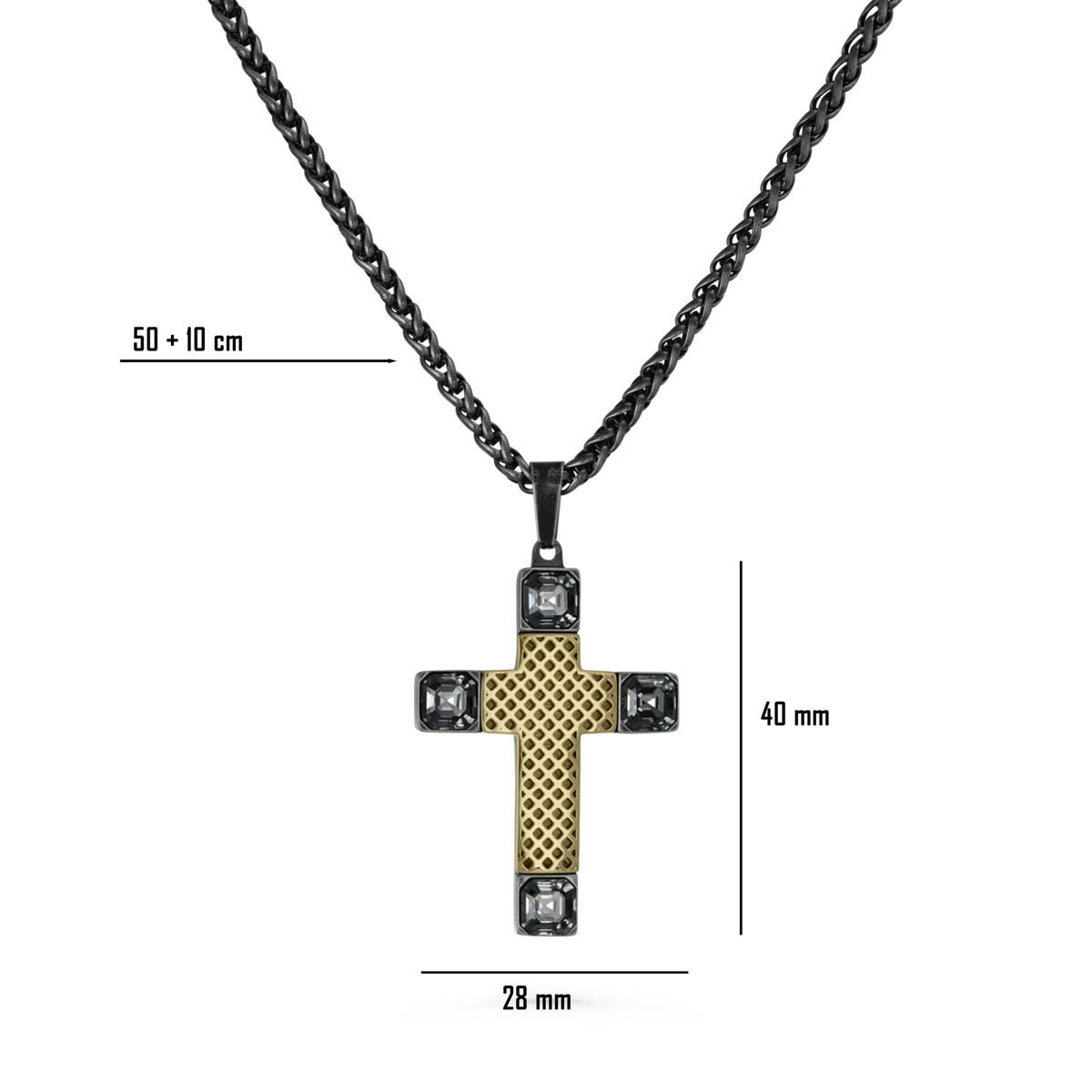 Bruttall OCTANT cross pendant necklace featuring a black chain, gold grid texture, and Swarovski crystals.