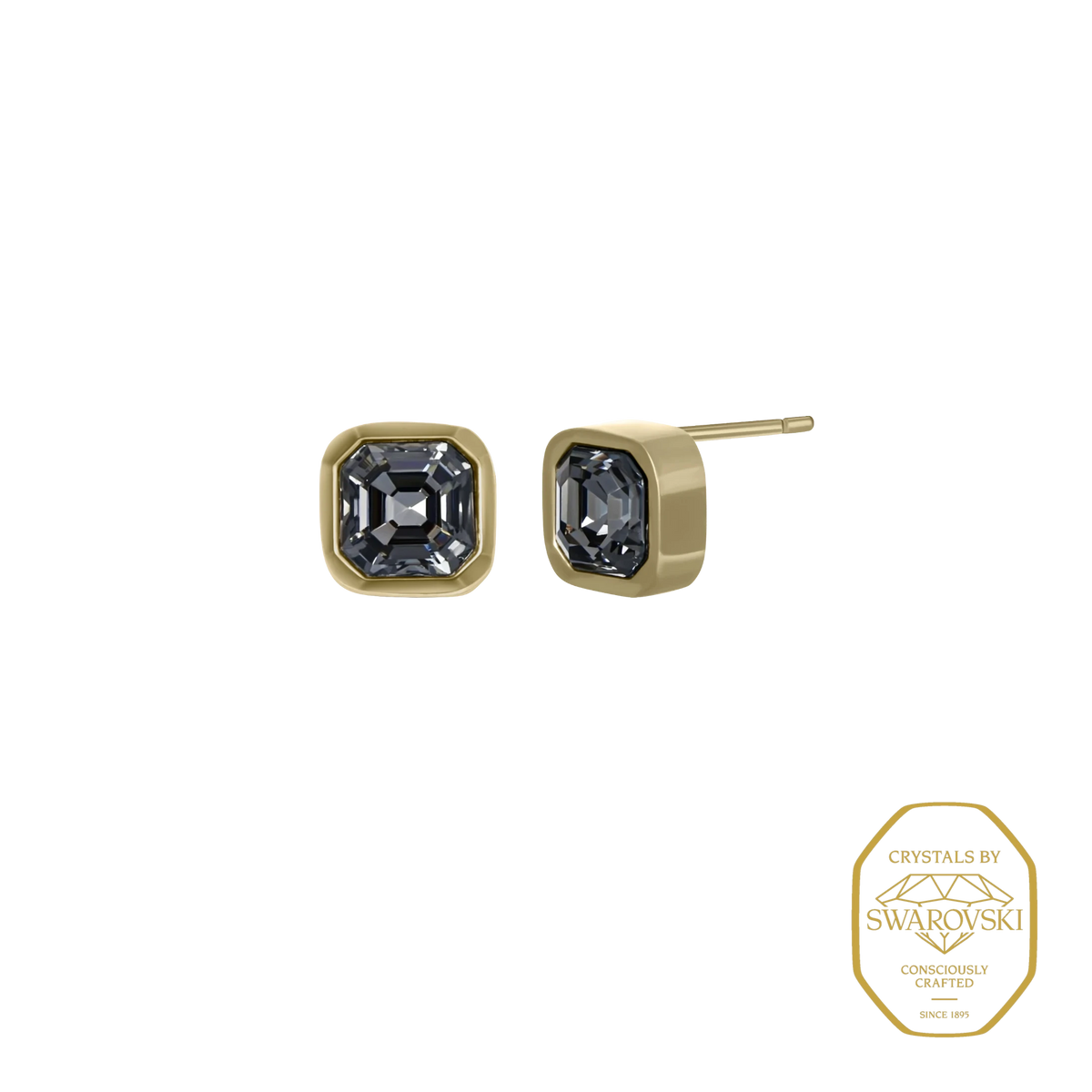 Bruttall OCTANT single stud earring in matte gold with a square-cut grey Swarovski crystal for a modern look.
