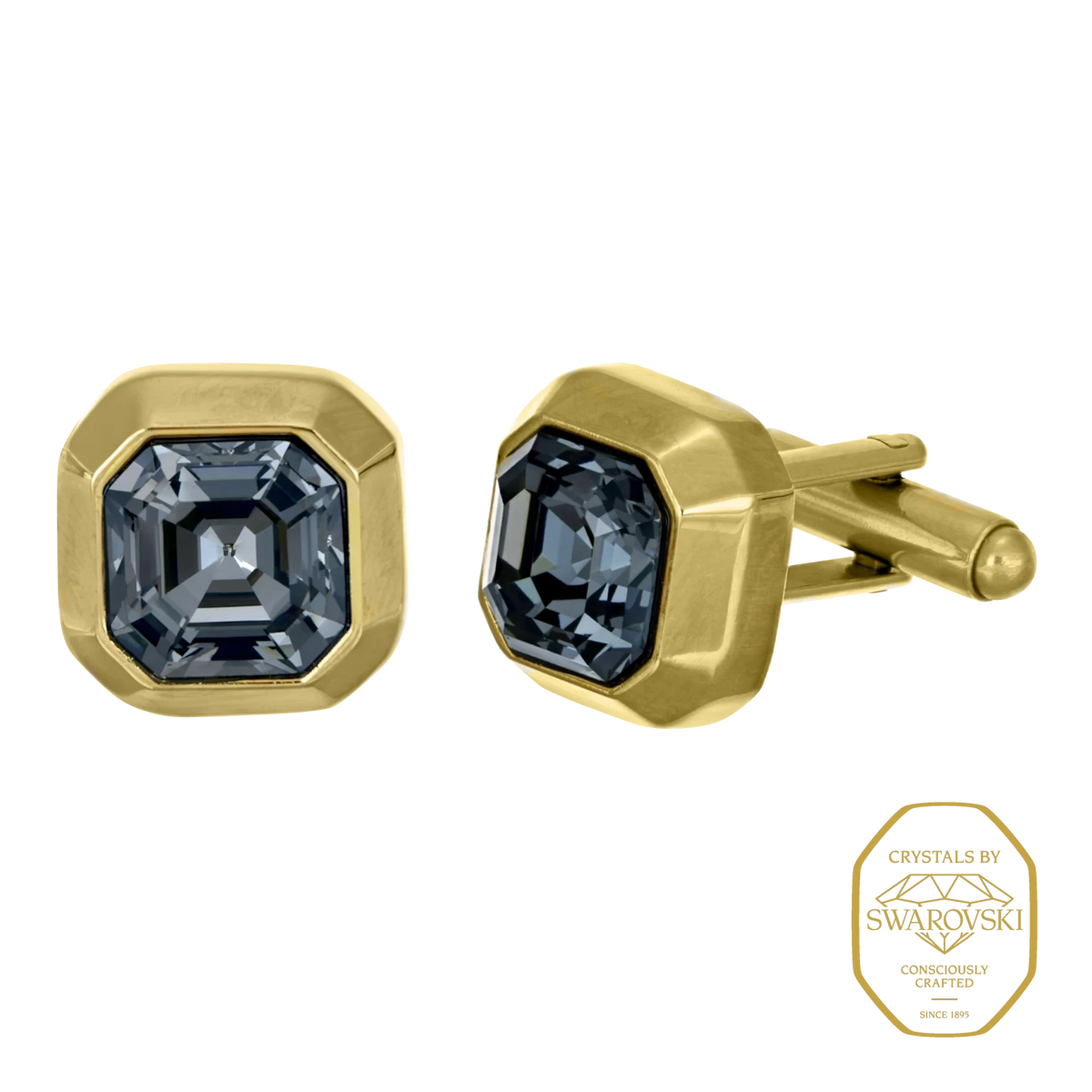 Bruttall OCTANT cufflinks in matte gold with geometric grey Swarovski crystals for a sophisticated men's look.