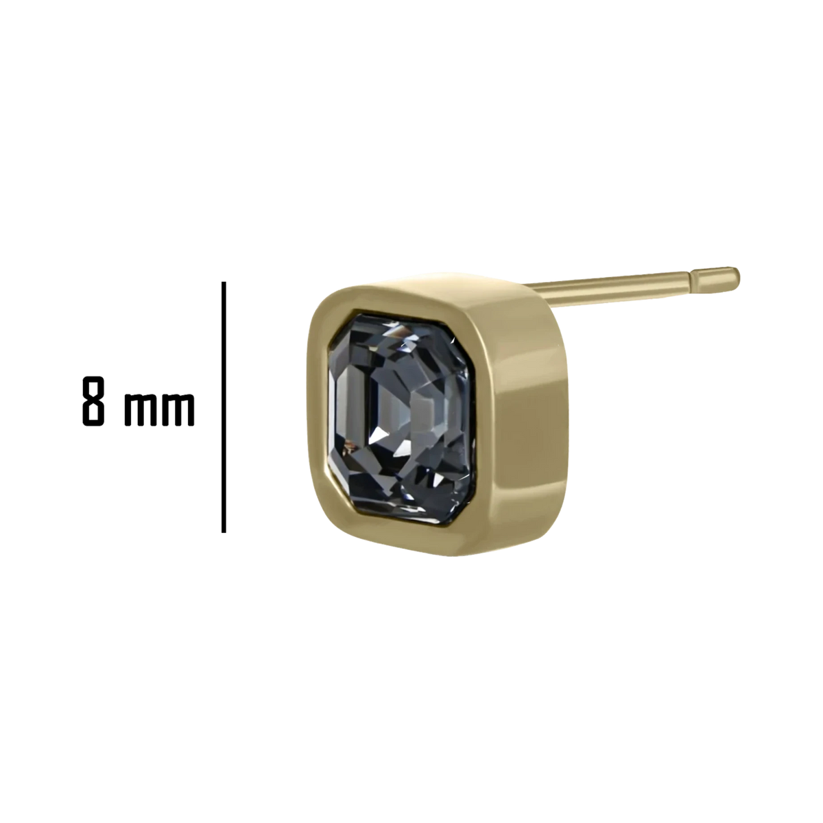 Bruttall OCTANT single stud earring in matte gold with a dark grey Swarovski crystal, 8mm geometric design.