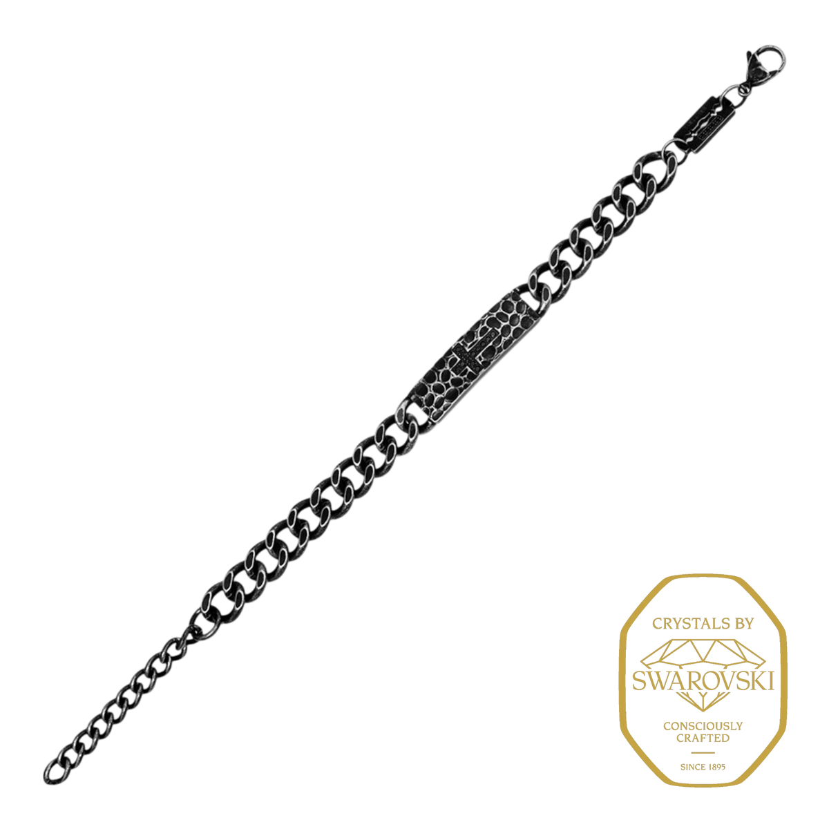 Bruttall RAW cross bracelet in antique plated metal with Swarovski Zirconia and a textured chain link design.