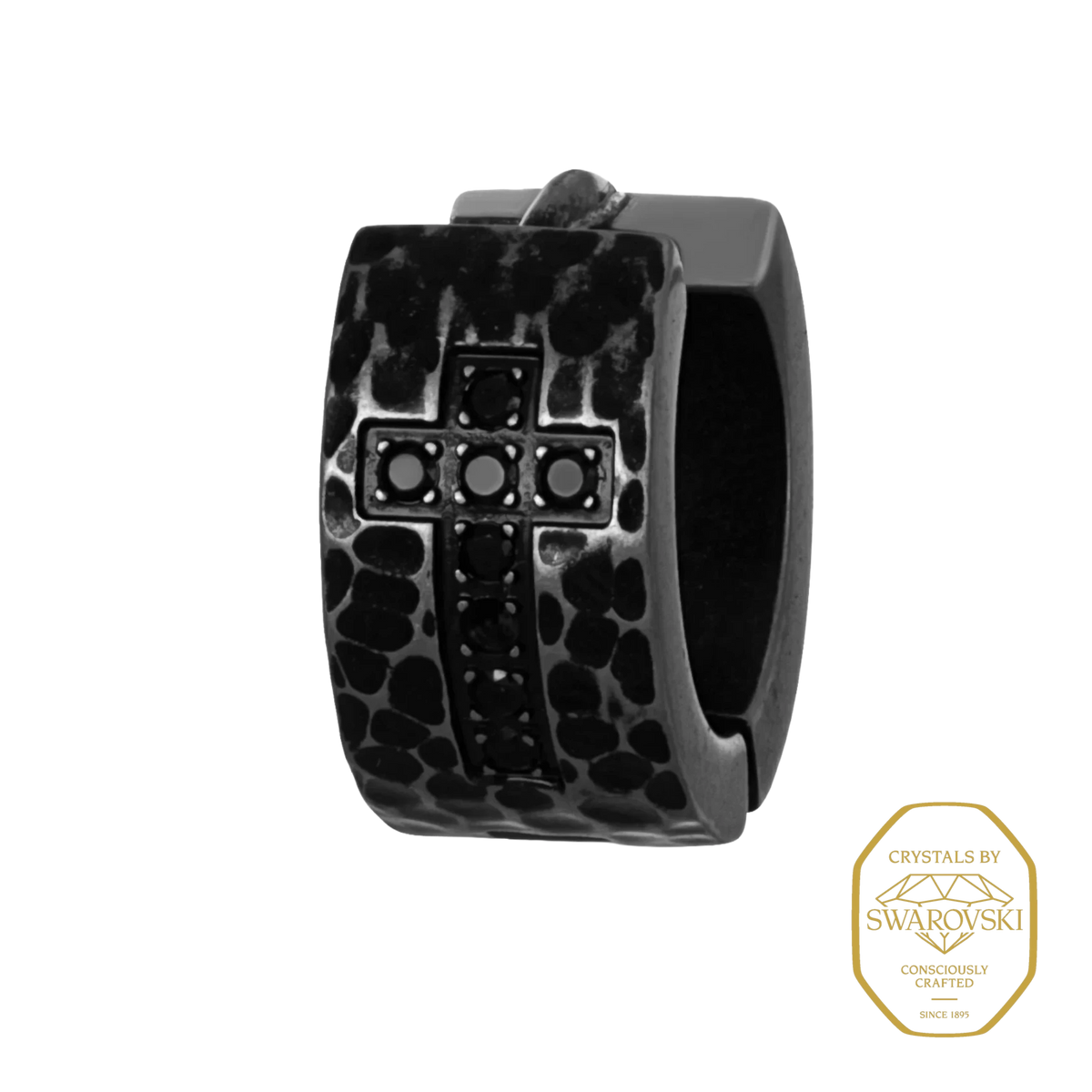 Bruttall RAW cross hoop earring in antique black plating with textured finish and embedded Swarovski Zirconia stones