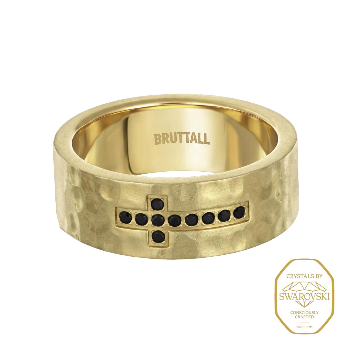 Bruttall RAW cross ring in matte gold with a hammered texture and black Swarovski Zirconia stones