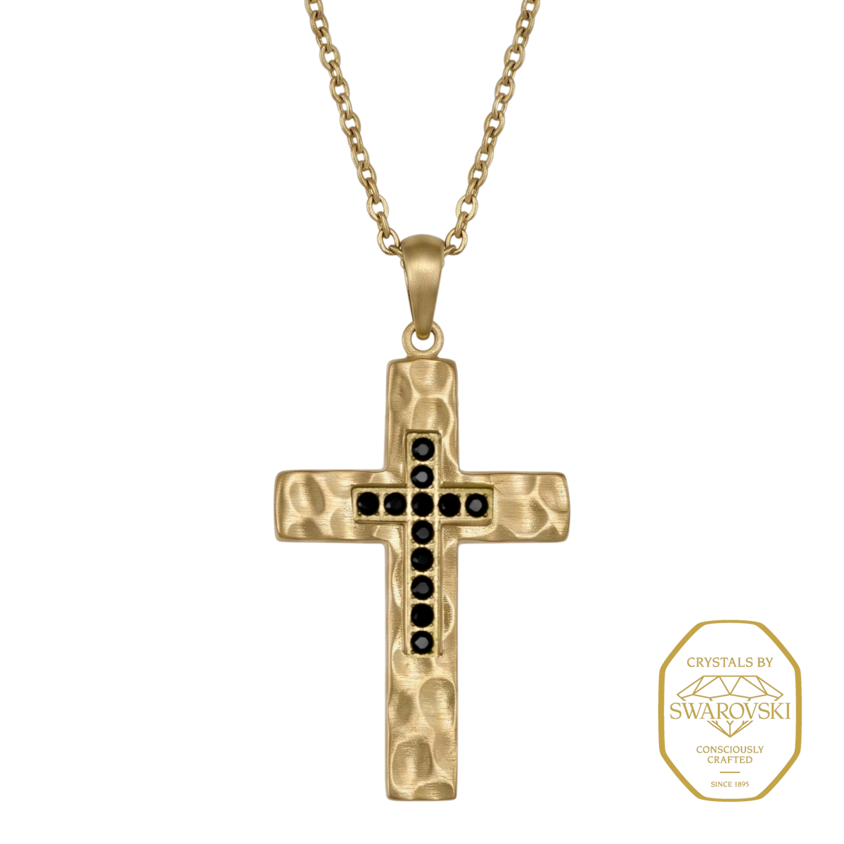 Bruttall RAW cross pendant in matte gold with a textured finish and black Swarovski Zirconia stones on a gold chain.