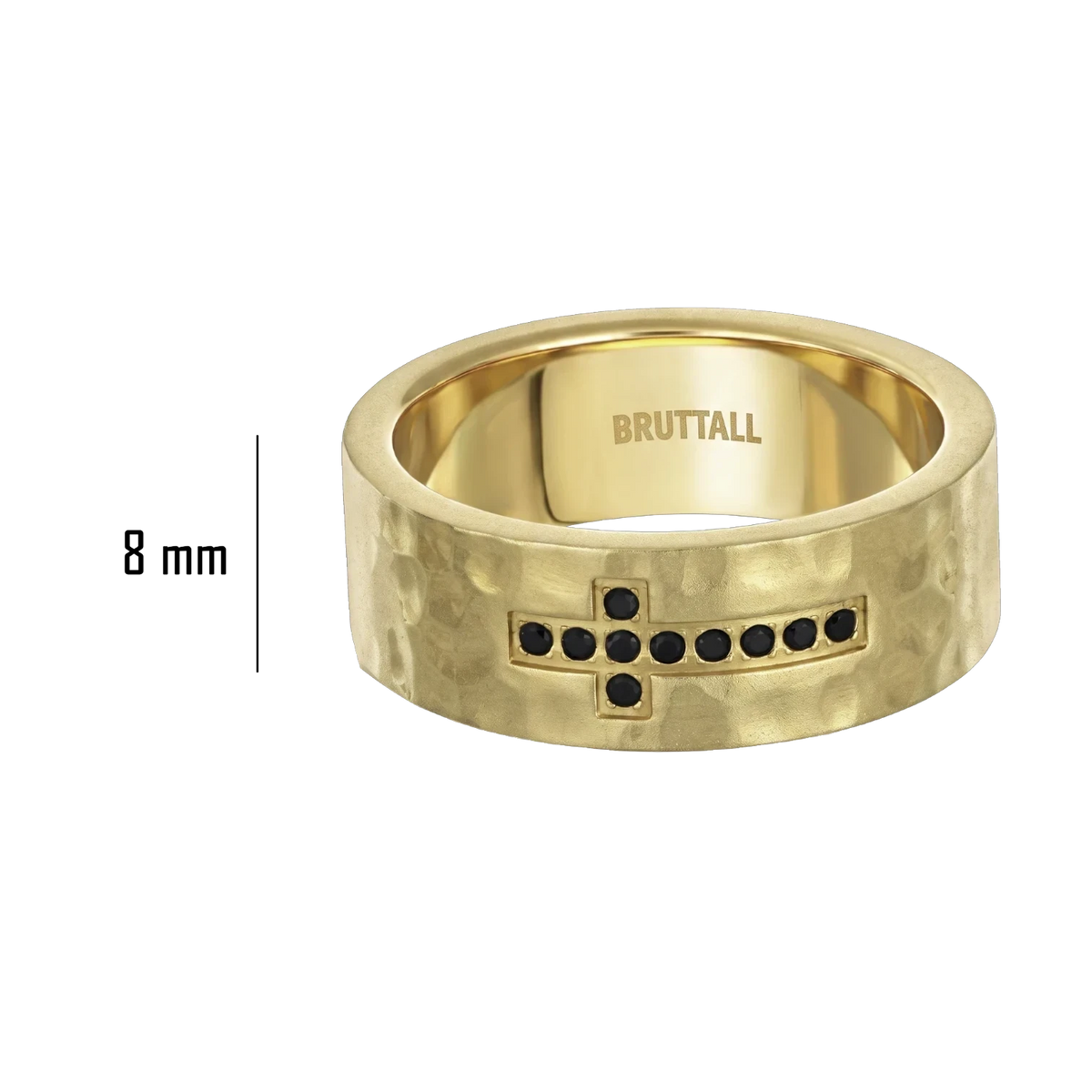 Bruttall RAW cross ring in matte gold with black Swarovski Zirconia stones and a textured hammered finish