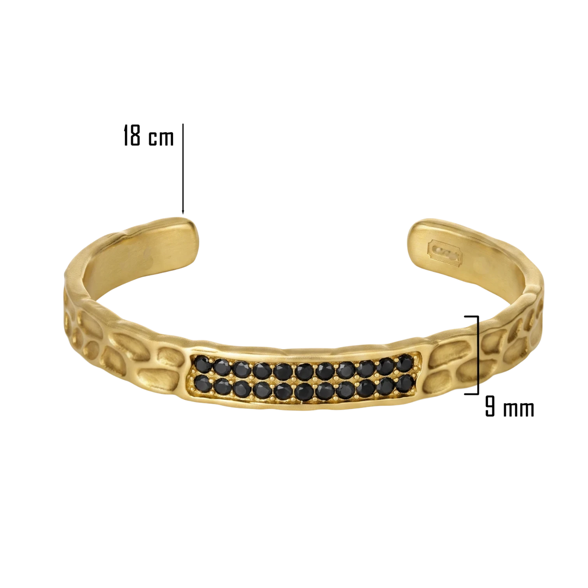 Bruttall RAW matte gold cuff bracelet with hammered texture and two rows of black Swarovski Zirconia stones.