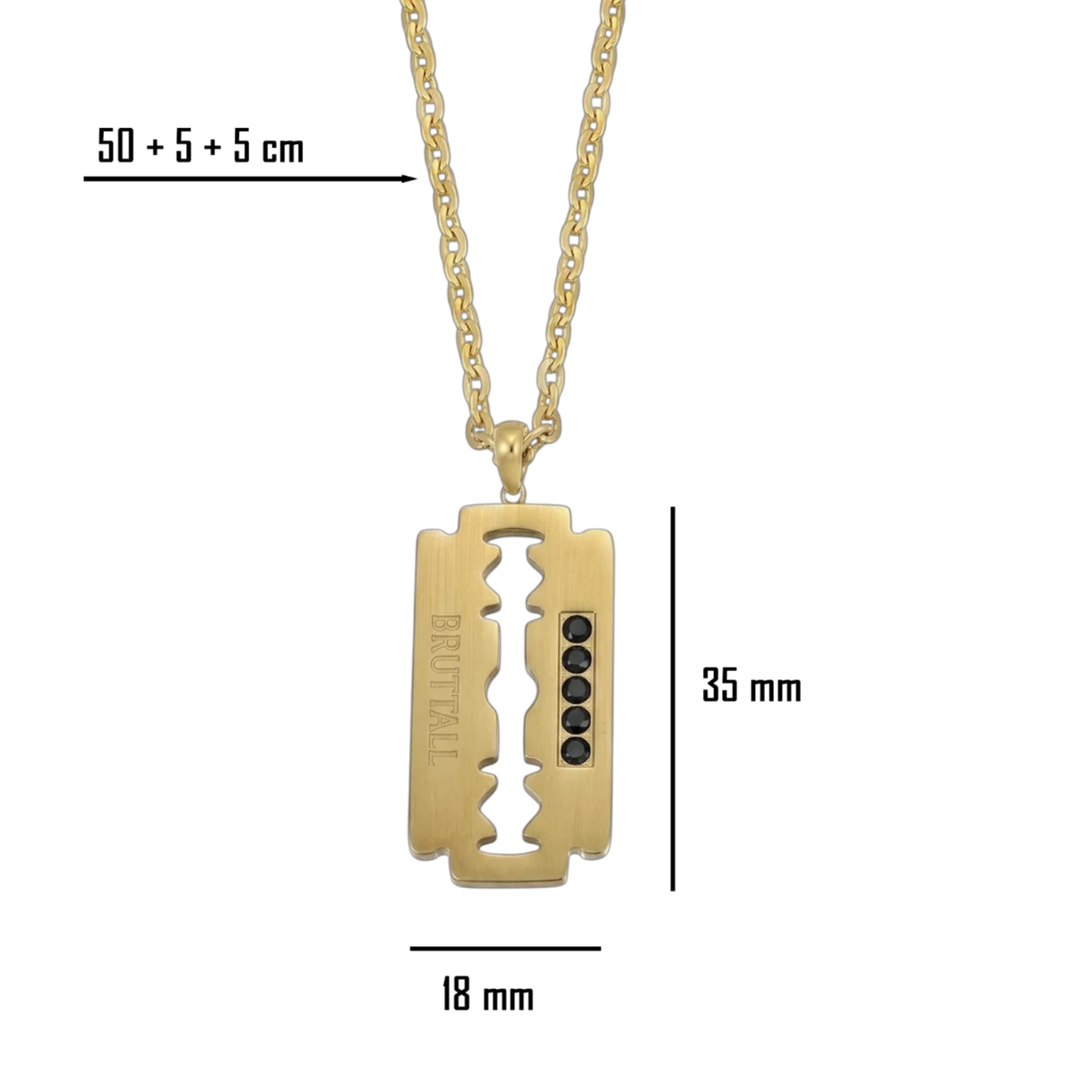 Bruttall RAZOR necklace in matte gold featuring a razor blade pendant with Swarovski crystals and chain dimensions.