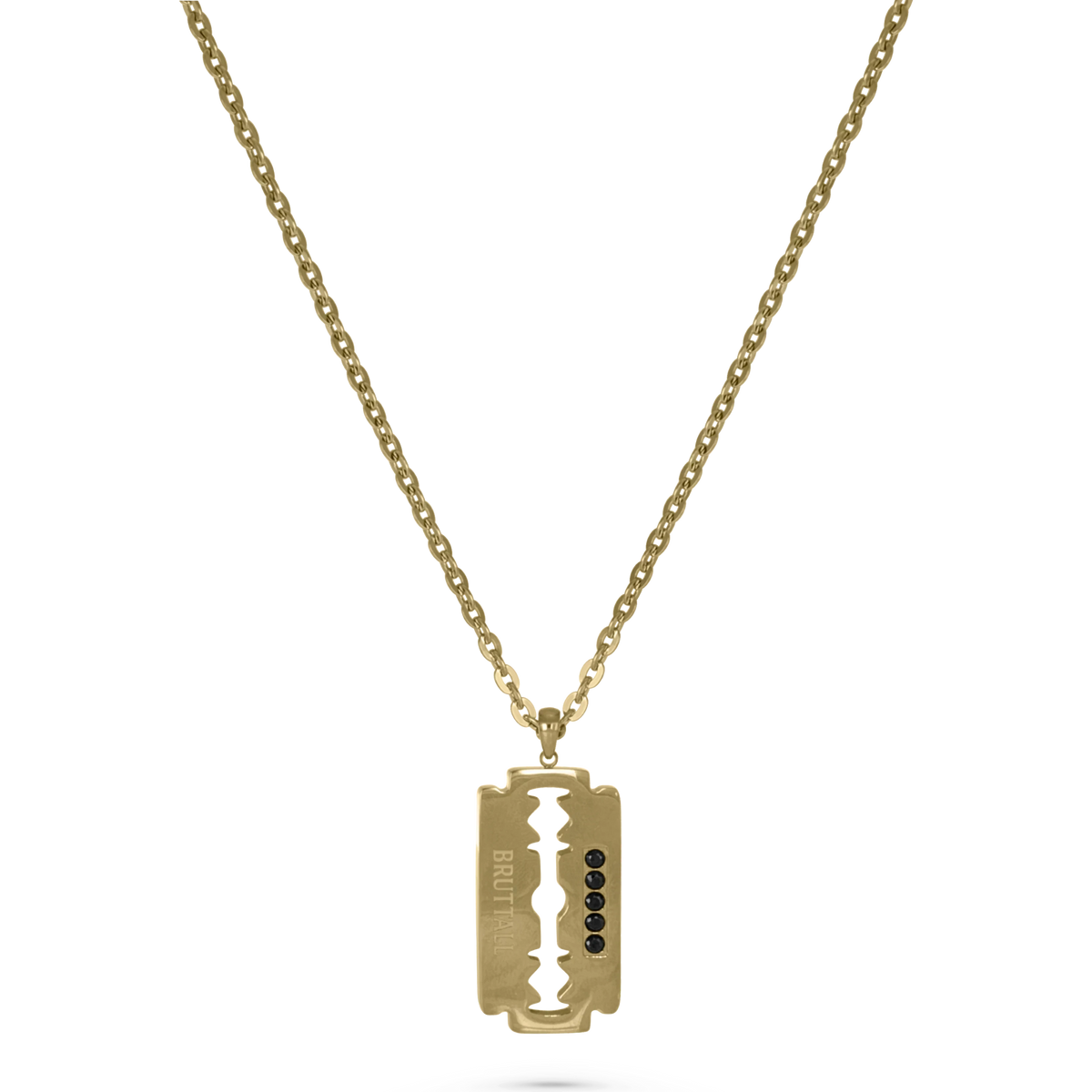 Bruttall RAZOR pendant necklace in matte gold with black Swarovski crystals shaped like a razor blade