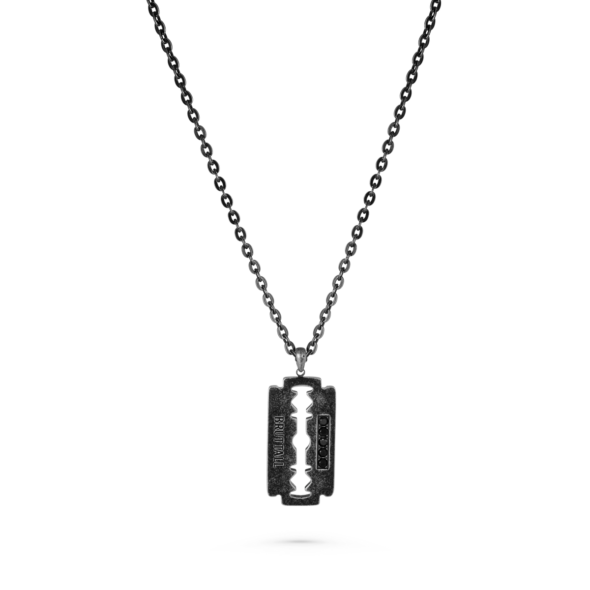 Bruttall RAZOR pendant necklace in antique black featuring a razor blade design with embedded Swarovski crystals.