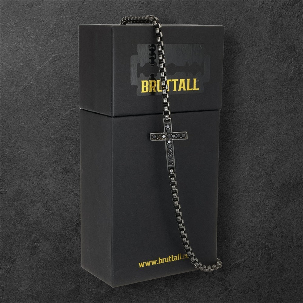 Bruttall TOWER cross necklace in antique black with Swarovski Zirconia stones on a black branded gift box