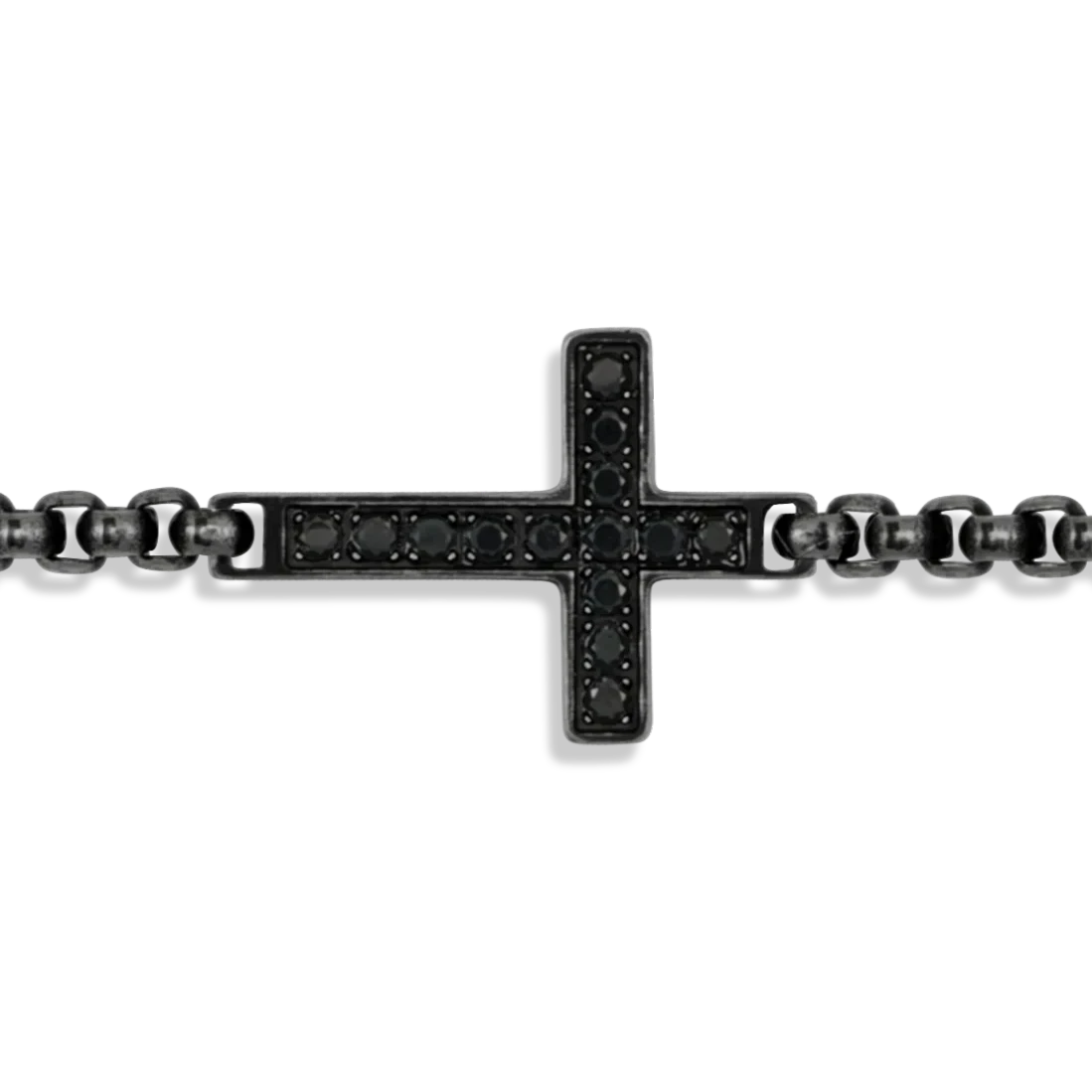 Bruttall TOWER cross bracelet in antique plated metal with black Swarovski Zirconia stones on a chain link band.