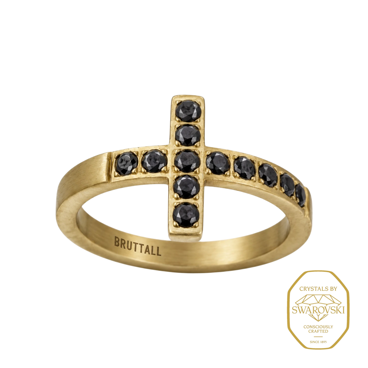 Bruttall TOWER cross ring in matte gold with black Swarovski crystals, featuring a bold architectural design.