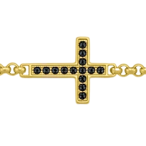 Bruttall TOWER cross bracelet in gold-plated metal with black Swarovski Zirconia stones on a black branded gift box.