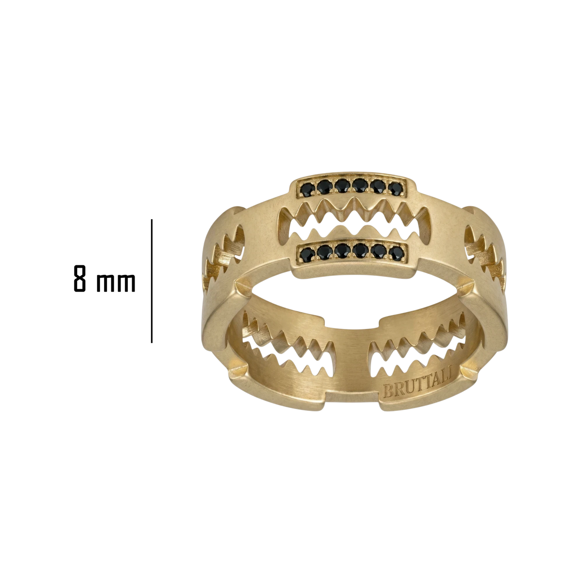 Bruttall RAZOR ring in matte gold plating featuring a razor blade design with black Swarovski Zirconia accents.