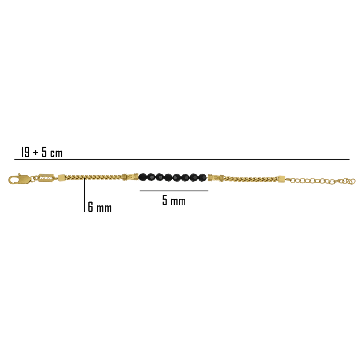 The CORE Armband gold matt Bruttall is a gold Schmuck chain bracelet adorned with schwarze Swarovski Kristalle beads. It features labeled measurements of 19 + 5 cm in length, a 6 mm chain width, and 5 mm bead diameter—offering a blend of timeless elegance and bold modern style.