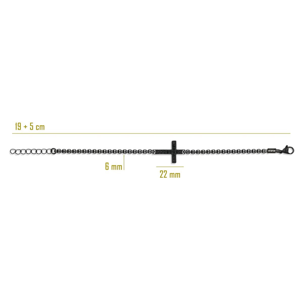 Bruttall TOWER cross bracelet in antique plated metal with black Swarovski Zirconia stones on a delicate chain