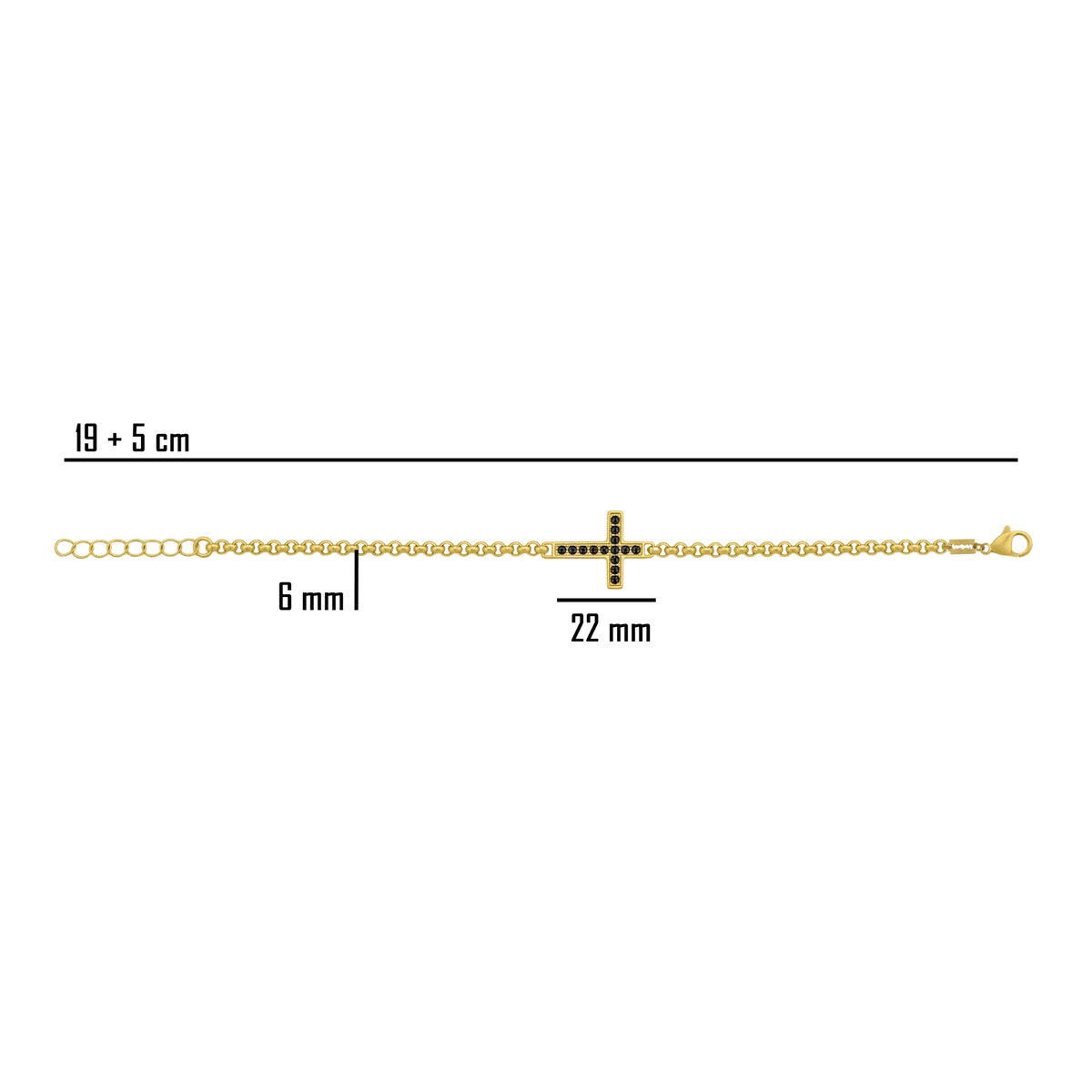 Bruttall TOWER cross bracelet in gold-plated metal with black Swarovski Zirconia stones on a black branded gift box.