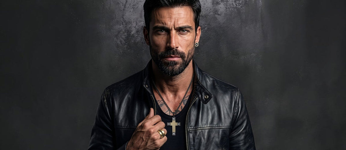 Ein Mann mit dunklem Haar und Bart, bekleidet mit einer schwarzen Lederjacke, einem schwarzen Hemd, Halsketten – darunter ein mit Swarovski-Zirkonia verziertes Kreuz –, Ringen und Ohrringen von Bruttall Herrenschmuck, der vor einem dunklen, strukturierten Hintergrund steht.