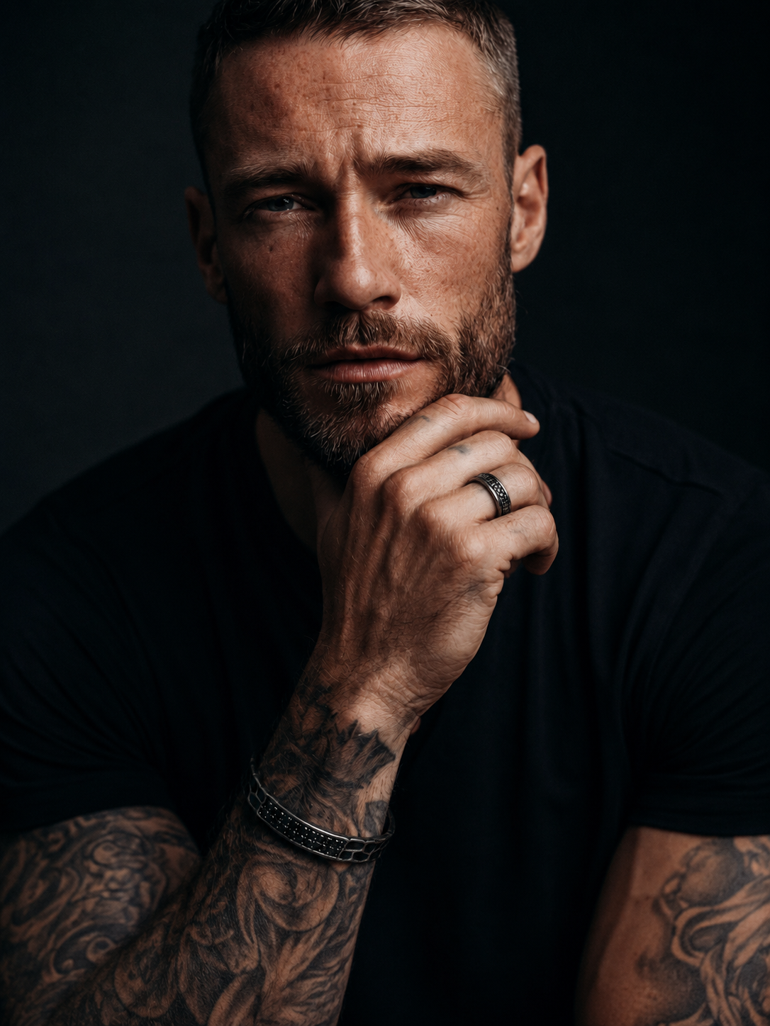 Ein Mann mit Tattoos und Bart, der ein schwarzes Hemd trägt, blickt in die Kamera, während er sein Kinn auf seine Hand stützt – vor einem dunklen Hintergrund, wobei sein Bruttall-Herrenschmuck, verziert mit schimmernden Swarovski-Zirkonia, das Licht dezent reflektiert.