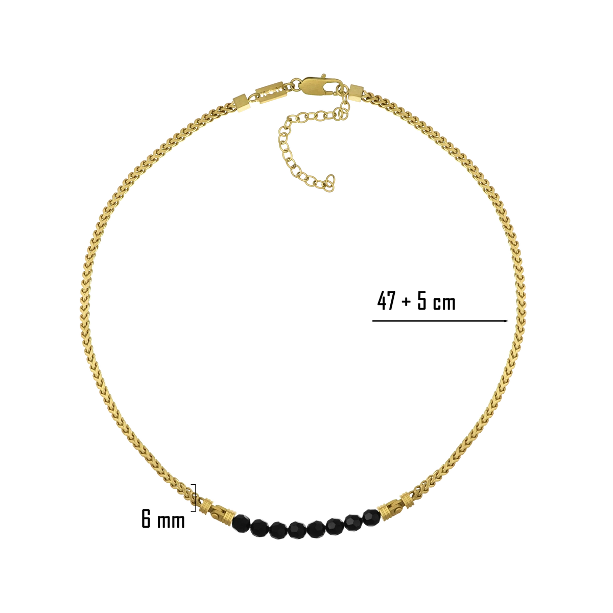 CORE Collier Kette gold matt Bruttall – eine moderne Herrenkette mit einer Reihe schwarzer Swarovski Kristalle, verstellbarer Länge von 47 cm plus 5 cm und einem Perlendurchmesser von 6 mm.