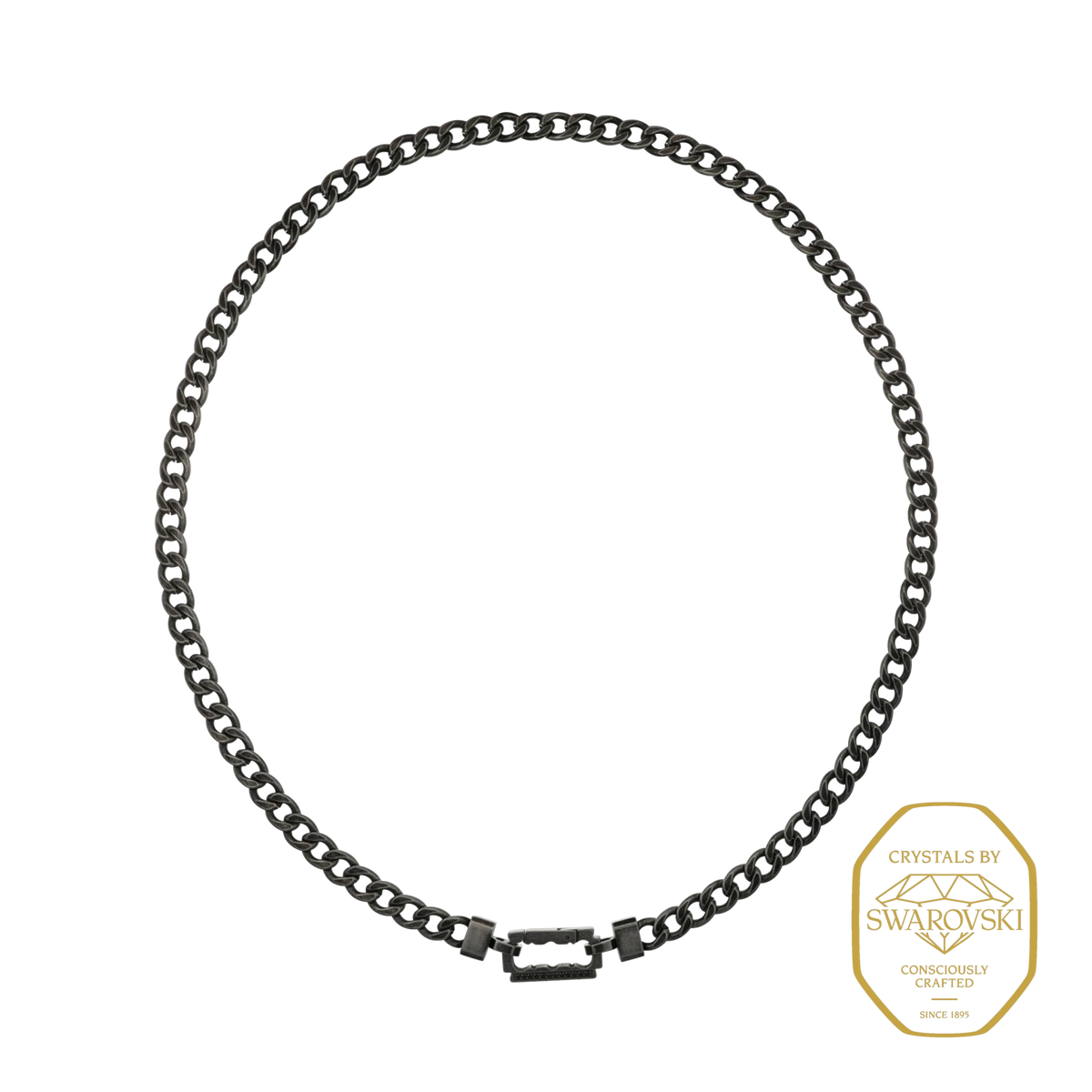 Bruttall AXIS chain necklace in antique black with geometric links, razor blade clasp, and black Swarovski Zirconia.