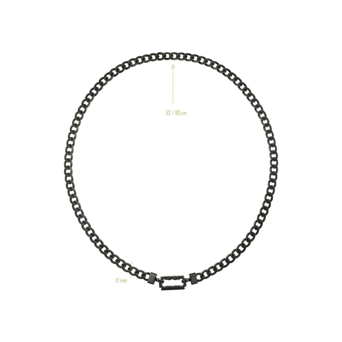 Bruttall AXIS chain in antique black featuring a geometric link design and a razor blade clasp with black crystals.