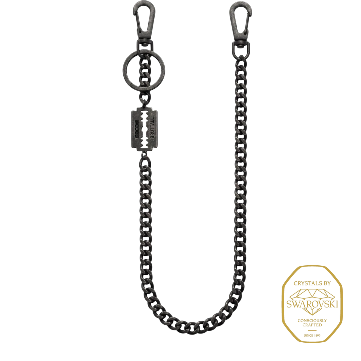 Bruttall AXIS wallet chain in black featuring a razor blade charm and Swarovski Zirconia crystals